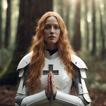 strawberry blond woman in white combat armor and Christian cross prays
https://sea-rocks.com
