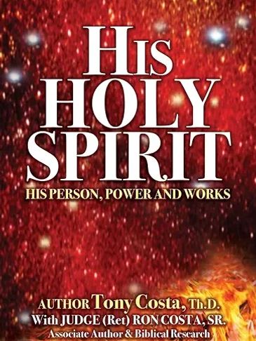 Book cover titled 'His Holy Spirit' with cosmic and fire background.
