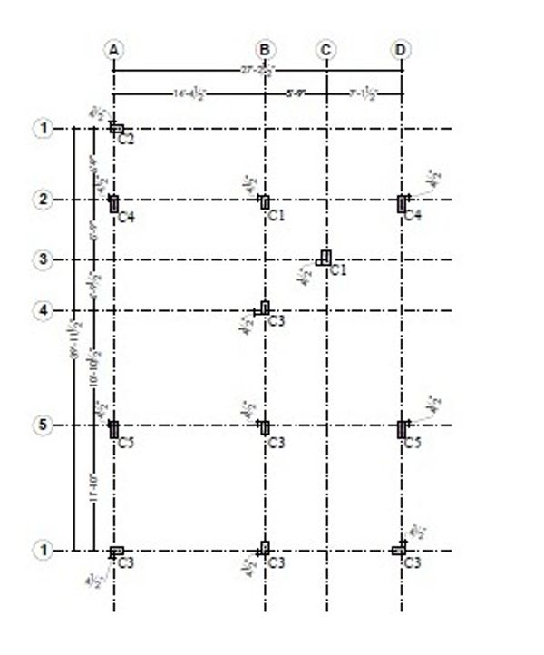 Structural column layout plan with grid lines and labeled columns.