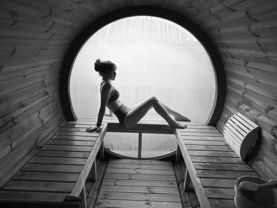 Sauna girl window black & white