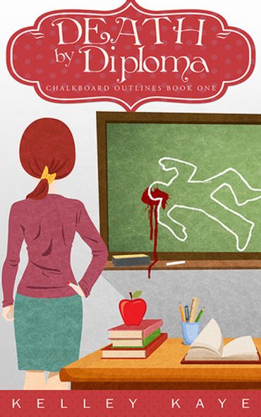 Death by Diploma Book Cover—book 1 in Chalkboard Outlines cozy series