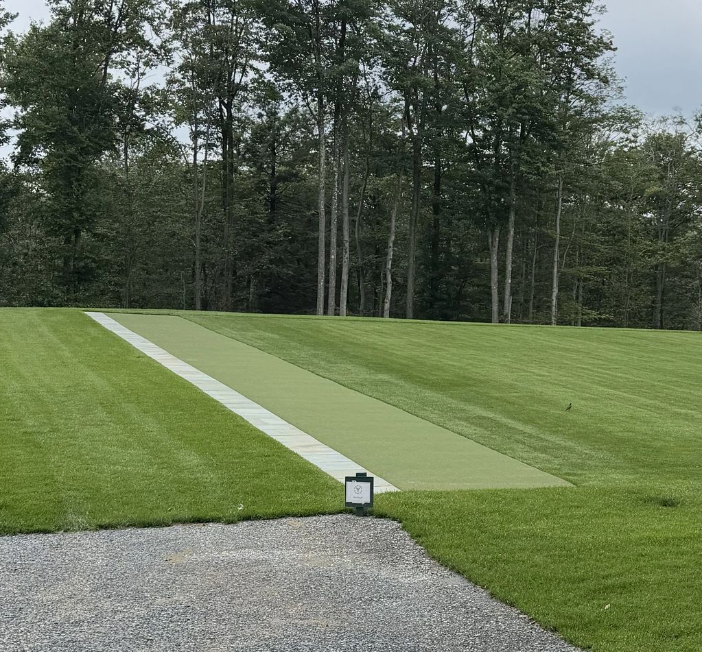Long green lawn with a narrow track and forest background.