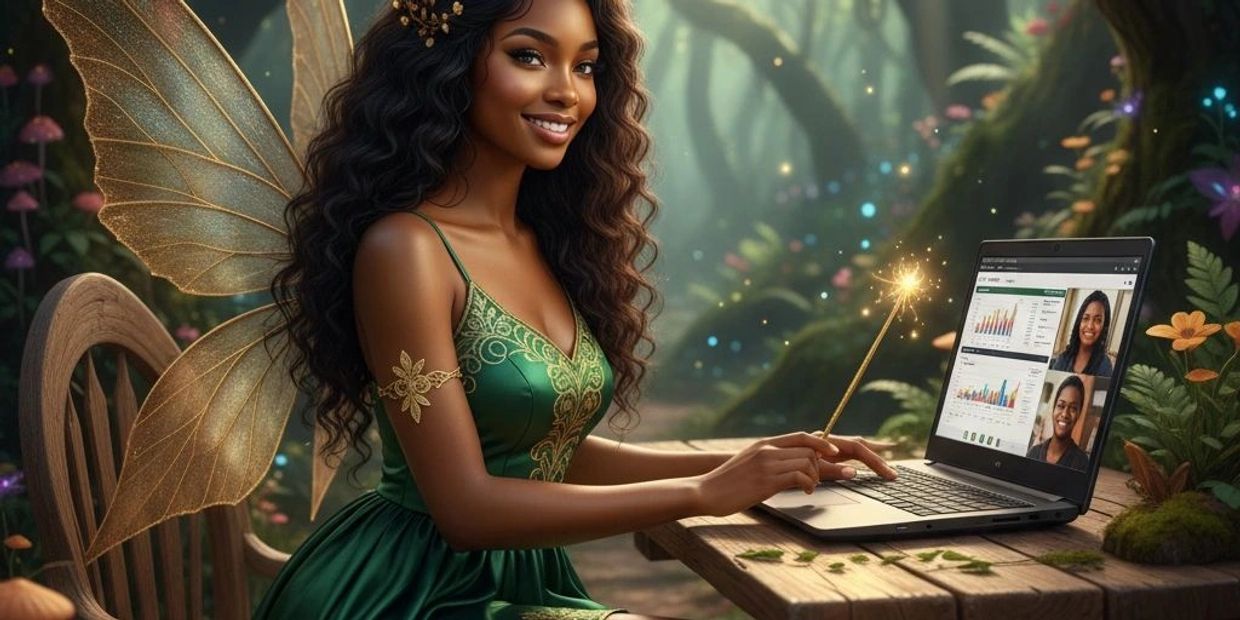 A fairy using magic at a laptop in a forest.