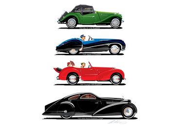 1937 MG 1250 Roadster
1939 Jaguar SS100 Roadster
1947 Triumph  Roadster
1925 Rolls Royce Phantom 1