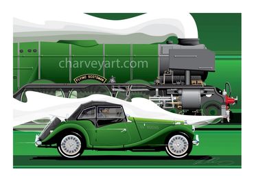 Flying Scotsman
1937 MG TA Roadster
Racing  Steam Locomotive
Sports Car
Railway Art
Classic  Car Art