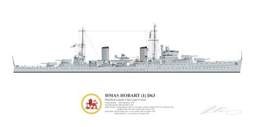 HMAS Hobart (I)
Leander Class 
Light Cruiser
D63
RAN
Royal Australian Navy
Naval Art
Maritime Art