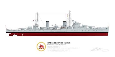 HMAS Hobart (I)
Leander Class 
Light Cruiser
D63
RAN
Royal Australian Navy
Naval Art
Maritime Art