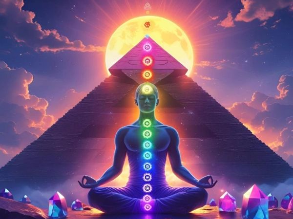 Raising your consciousness. Meditating with the sun, pyramid and crystals with chakras