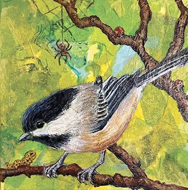 Available. 6" x 6" Mixed Media.Chickadee and Friends- Mixed Media. Framed $250.00.