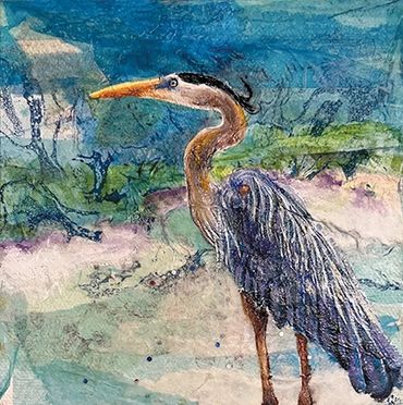 Sold. 6" x 6" Mixed Media.Blue Heron- Mixed Media. Framed $250.00.