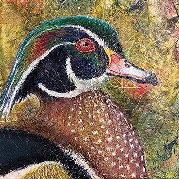 Sold. 6" x 6" Mixed Media.Wood Duck- Mixed Media. Framed $250.00.