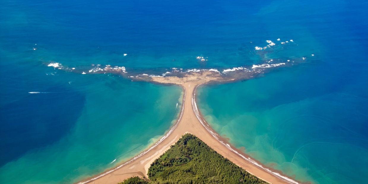 Aerial view of Marino Ballena National Park and Whale Tail beach in Uvita, Costa Rica