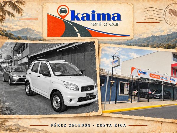 Vintage collage of Kaima rental vehicles and its Pérez Zeledón office.