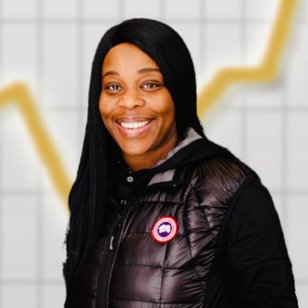 Smiling woman in a black jacket with a growth chart background.