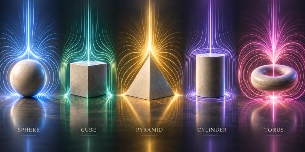 Five geometric shapes glowing with colorful energy fields.