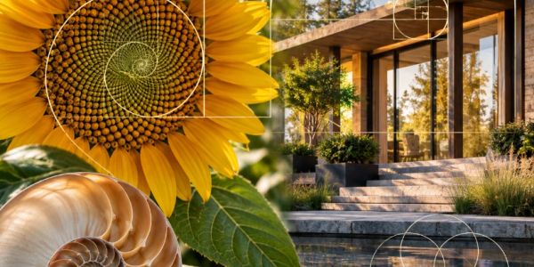 Sunflower and modern home illustrating the golden spiral.