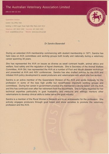 Australian Vet Assoc Meritorious Service award