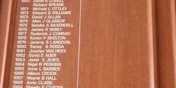 Honours board of the University of Queensland  Veterinary school showing Dr Sandra Baxendell as dux