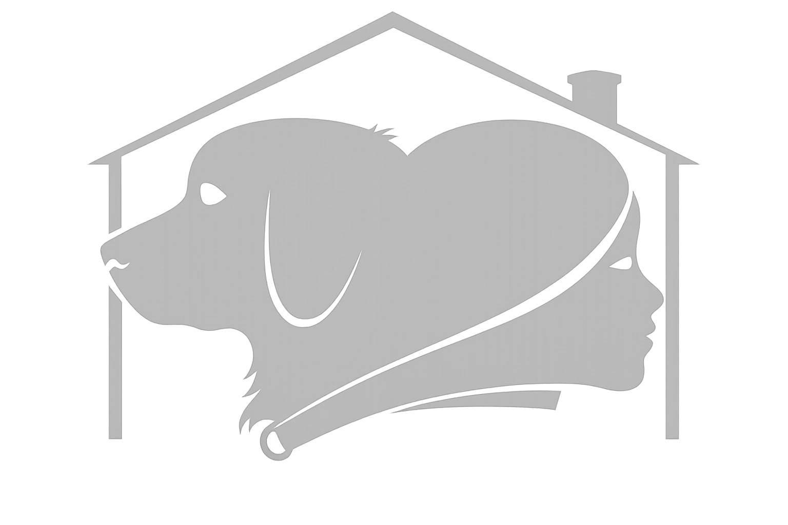 Logo combining a dog's and woman's profile inside a house outline.