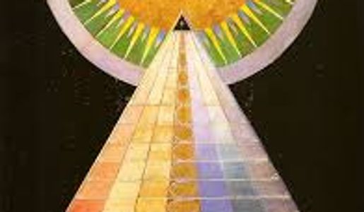 Abstract geometric pyramid with colorful rays and sun motif.