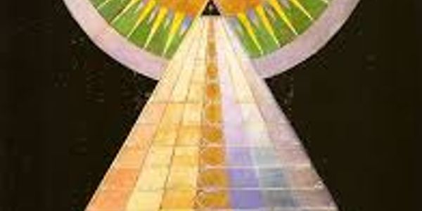 Abstract geometric pyramid with colorful rays and sun motif.