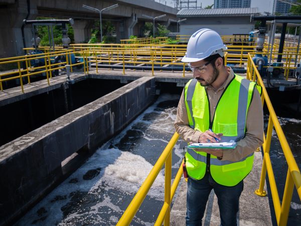 A man in a hard hat and safety vest inspects a wastewater treatment plant, writing on a clipboard.