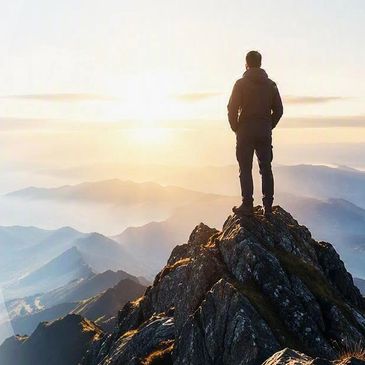 Person standing on mountain peak watching sunrise.