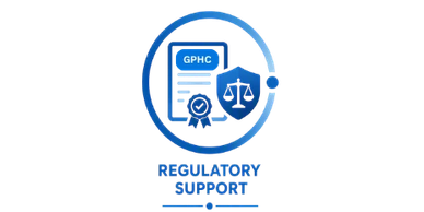 Regulatory support icon with legal and certification symbols.