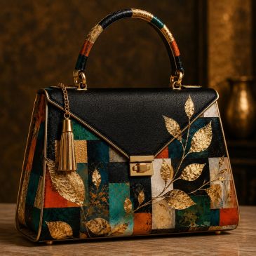 Elegant black handbag with colorful patchwork and gold leaf designs.