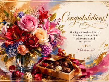 Elegant congratulations card with flowers and chocolates.