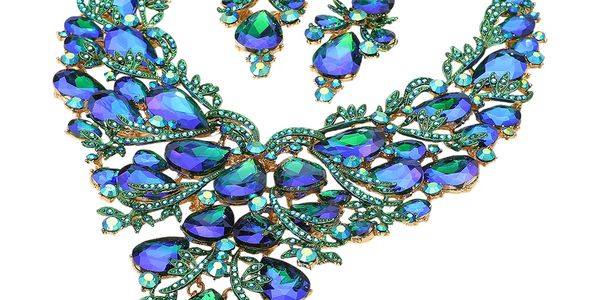 Intricate blue and green gemstone necklace with matching earrings.