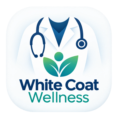 White Coat Wellness logo with a stethoscope and leaf figure.