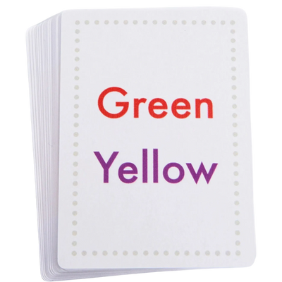 Card showing the word green written in red ink and the word yellow written in the colour purple