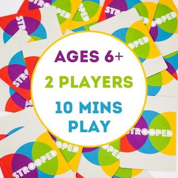 Strooped cards scattered, white circle in the middle reads Ages 6+, 2 Players and 10 mins play
