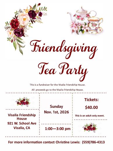 Invitation to Friendsgiving Tea Party fundraiser with floral and tea designs.