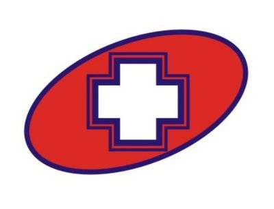 Red oval with a white cross outlined in blue.