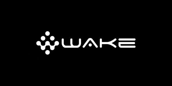 White WAKE logo with a modern design on a black background.