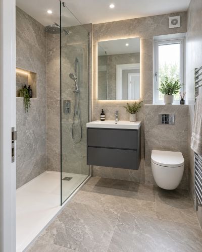Bathroom with walk-in shower and wall-hung basin in East London