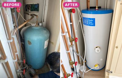 Before and after: old hot water cylinder replaced with a new JAB cylinder in East London