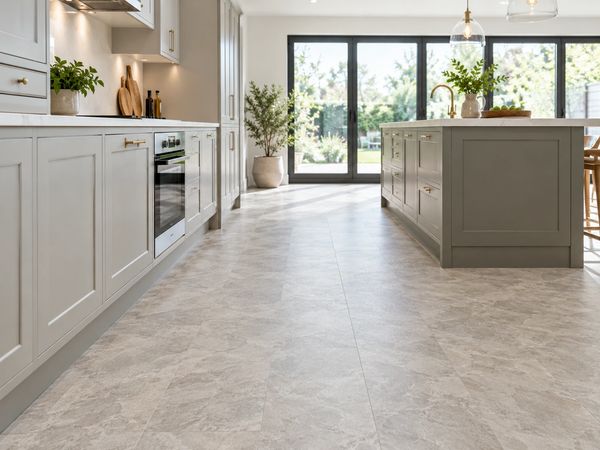 Light stone-effect vinyl flooring in a kitchen