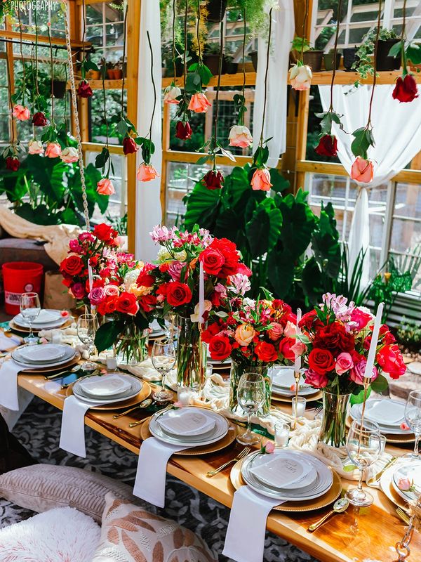 Greenhouse picnic with roses adorning the table and suspended in the air.