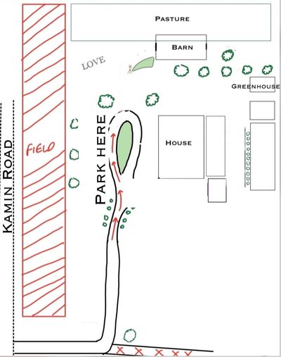 Map of Moser Manor Farms layout designating the location of the barn, parking, and the greenhouse