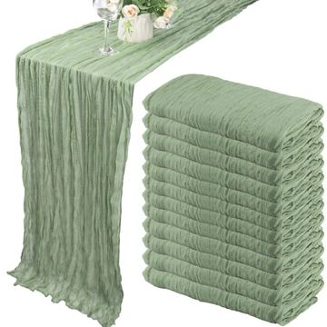 Sage green cheesecloth table runner