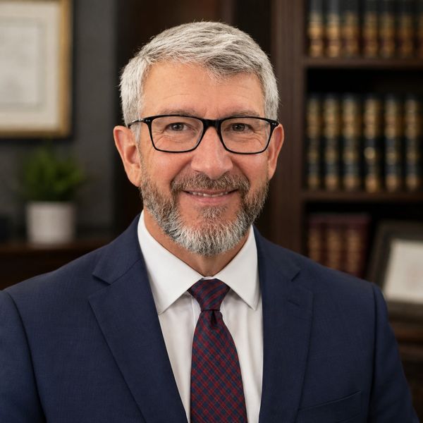 Smiling mature man in suit and tie with glasses.