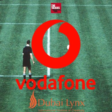 Soccer penalty kick moment with Vodafone and Dubai Lynx logos.