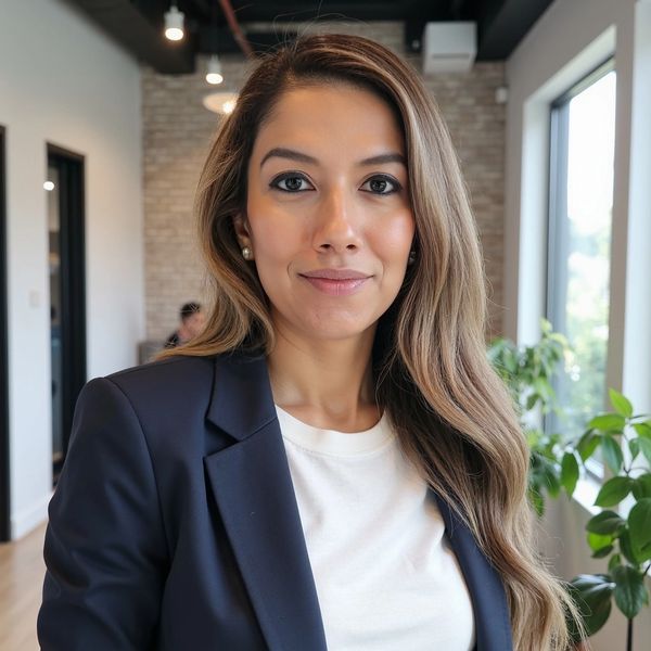 Confident woman in a blazer smiling in a modern office space.