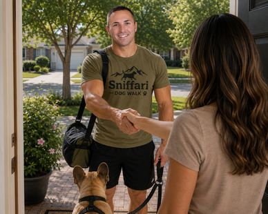 A man in a Sniffari Dog Walk shirt shakes hands with a woman at her doorstep.