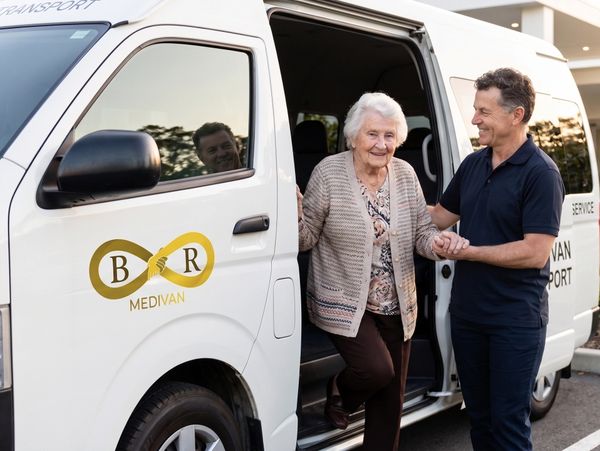 Elderly woman being helped out of a medical transport van by a smiling caregiver.