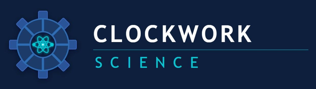 Logo with a gear and atom symbol, reading 'Clockwork Science'.
