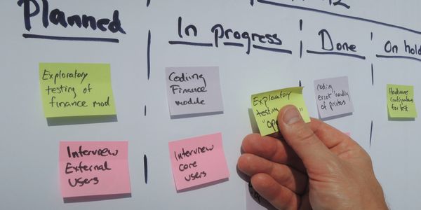 Agile scrum board with columns and sticky notes